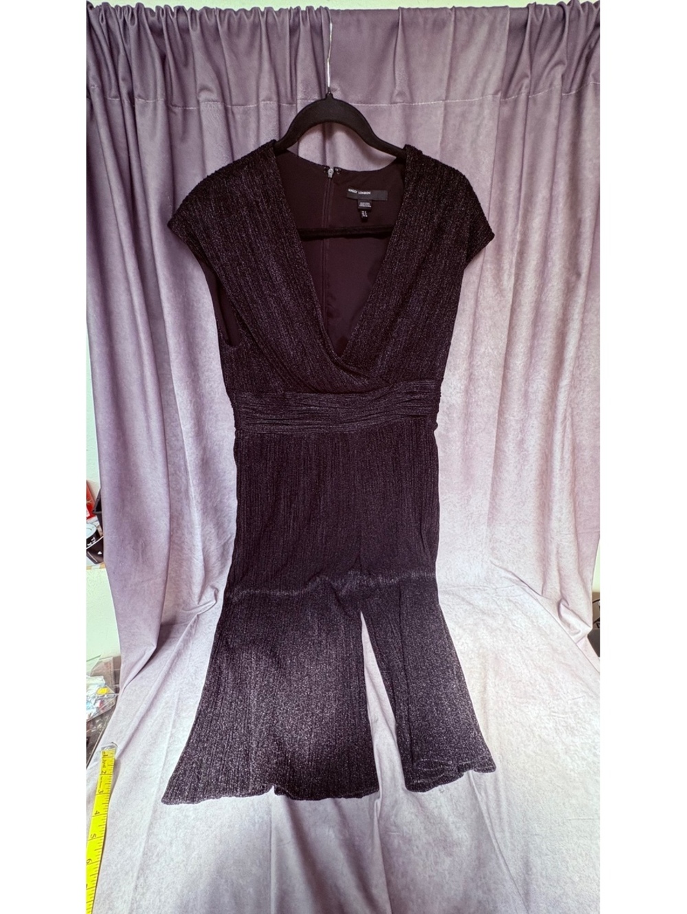 Maggy London Metallic Black Pleated Wide Leg Jumpsuit Size 8